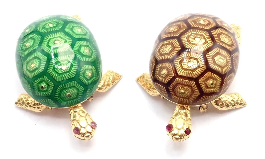 Vintage! Boucheron France 18k Yellow Gold Enamel Set Of Two Turtle Brooches - 4