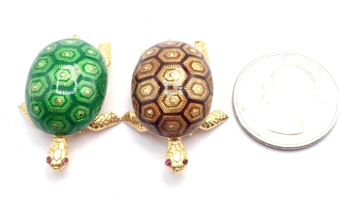 Vintage! Boucheron France 18k Yellow Gold Enamel Set Of Two Turtle Brooches - 7