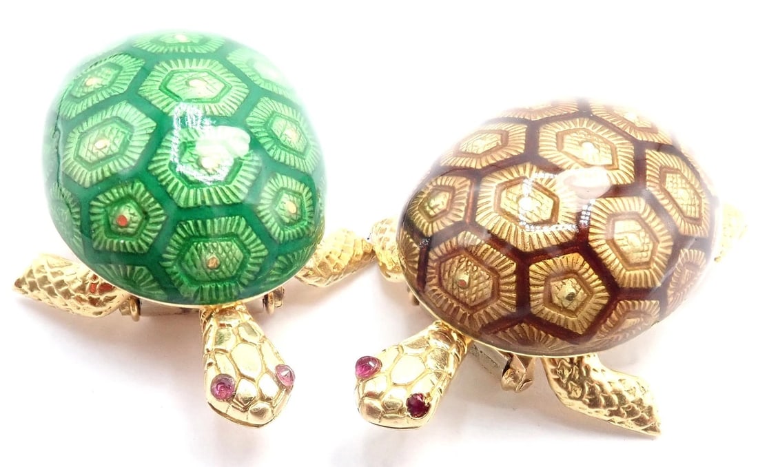 Vintage! Boucheron France 18k Yellow Gold Enamel Set Of Two Turtle Brooches - 8