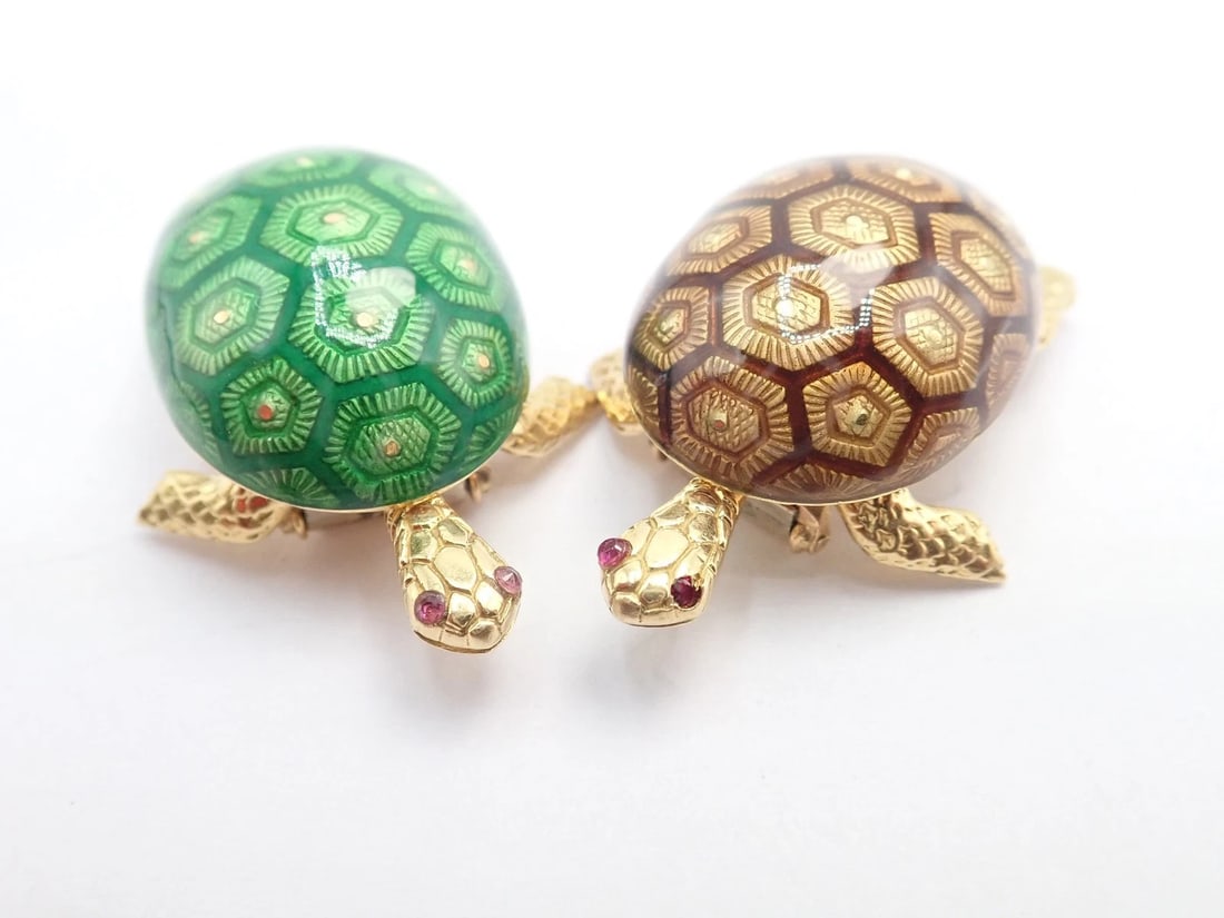 Vintage! Boucheron France 18k Yellow Gold Enamel Set Of Two Turtle Brooches - 9