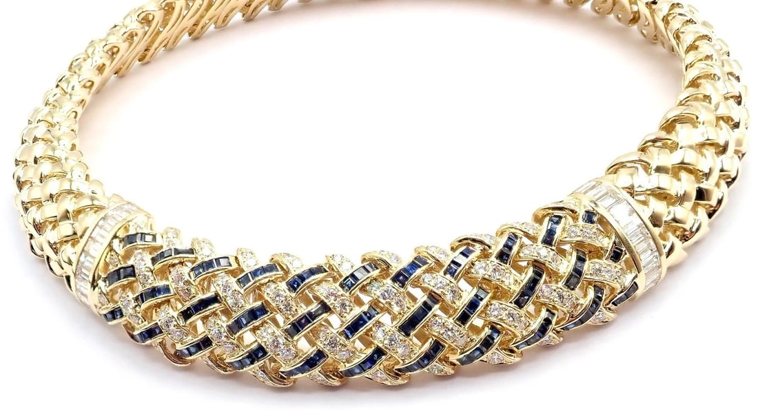 Authentic Tiffany & Co Vannerie 18k Yellow Gold Diamond Sapphire Weave Necklace - 7