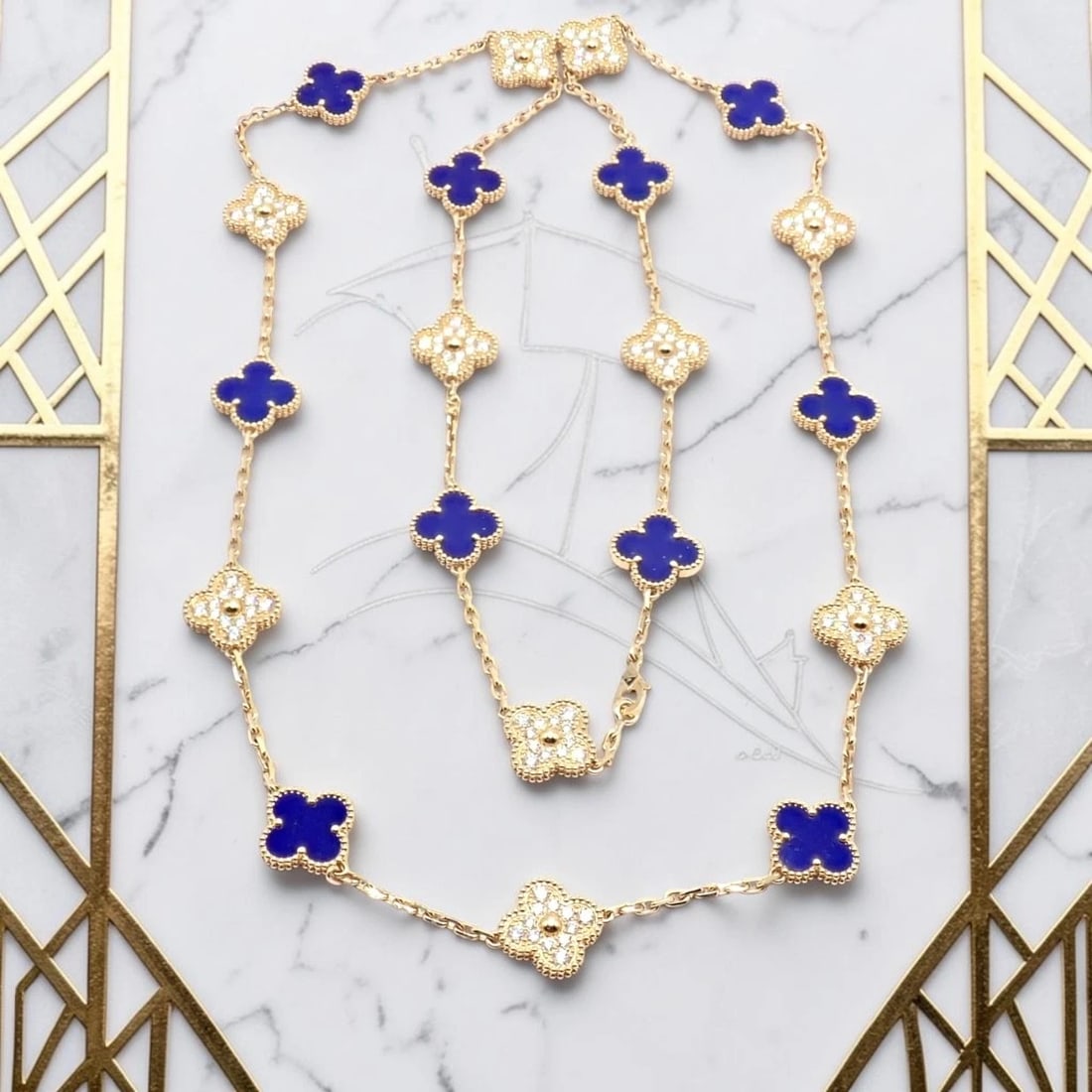 Van Cleef & Arpels 18k Yellow Gold 20 Motif Alhambra Diamond Lapis Necklace - 2