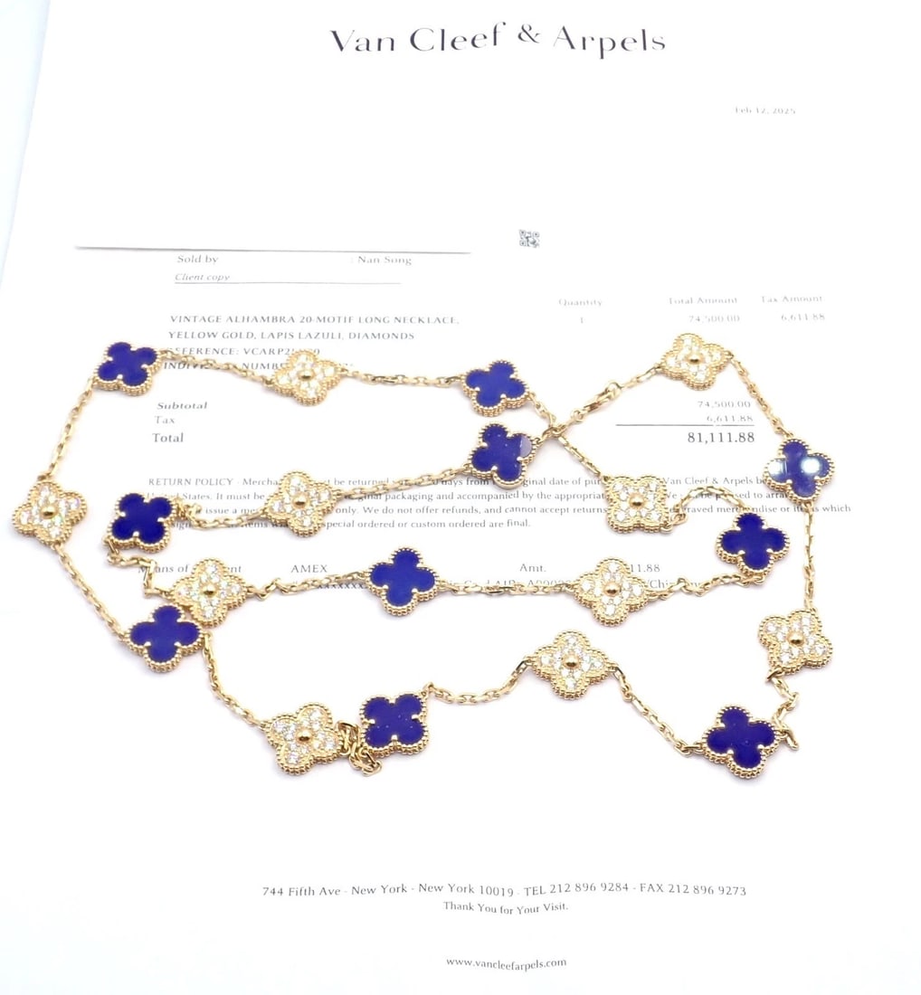 Van Cleef & Arpels 18k Yellow Gold 20 Motif Alhambra Diamond Lapis Necklace - 5