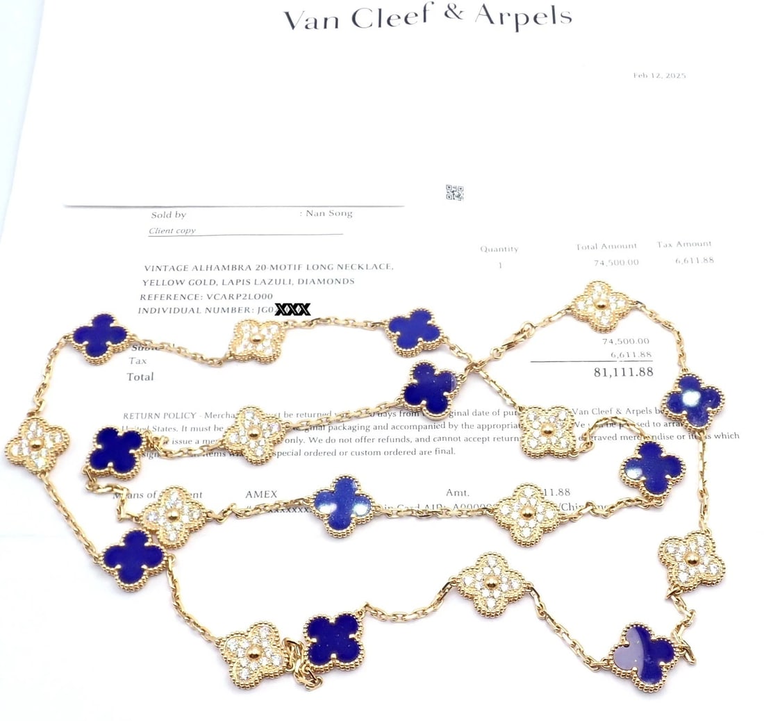 Van Cleef & Arpels 18k Yellow Gold 20 Motif Alhambra Diamond Lapis Necklace - 6