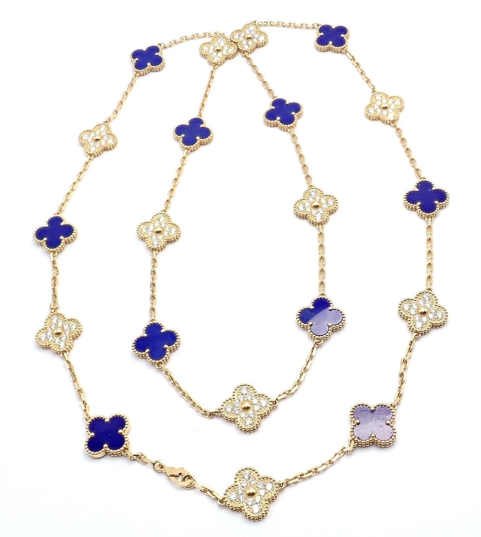 Van Cleef & Arpels 18k Yellow Gold 20 Motif Alhambra Diamond Lapis Necklace - 7