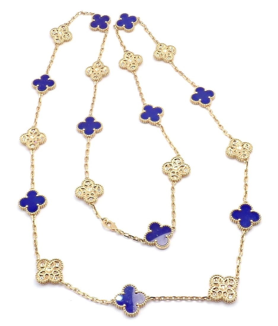 Van Cleef & Arpels 18k Yellow Gold 20 Motif Alhambra Diamond Lapis Necklace - 8