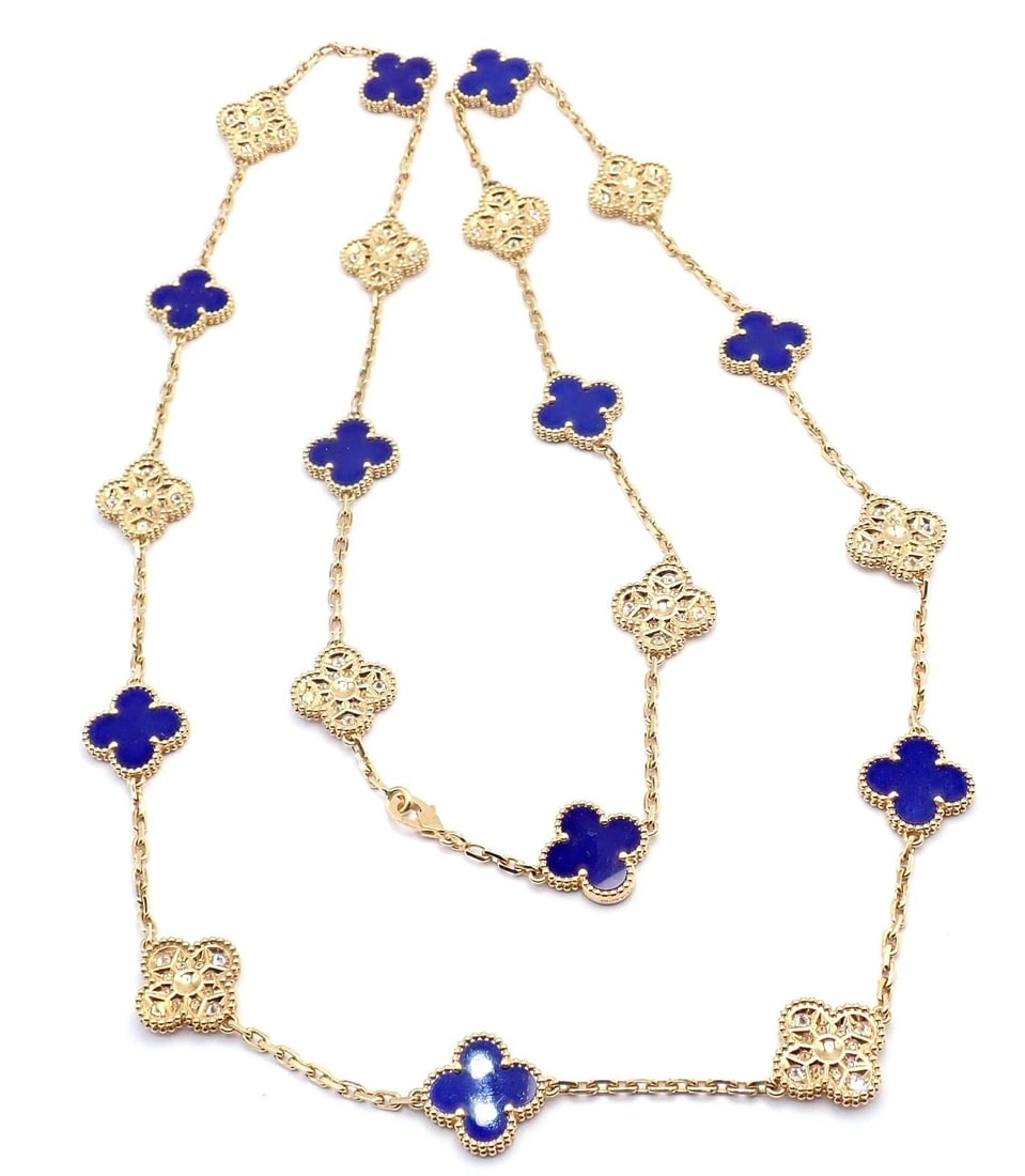 Van Cleef & Arpels 18k Yellow Gold 20 Motif Alhambra Diamond Lapis Necklace - 9