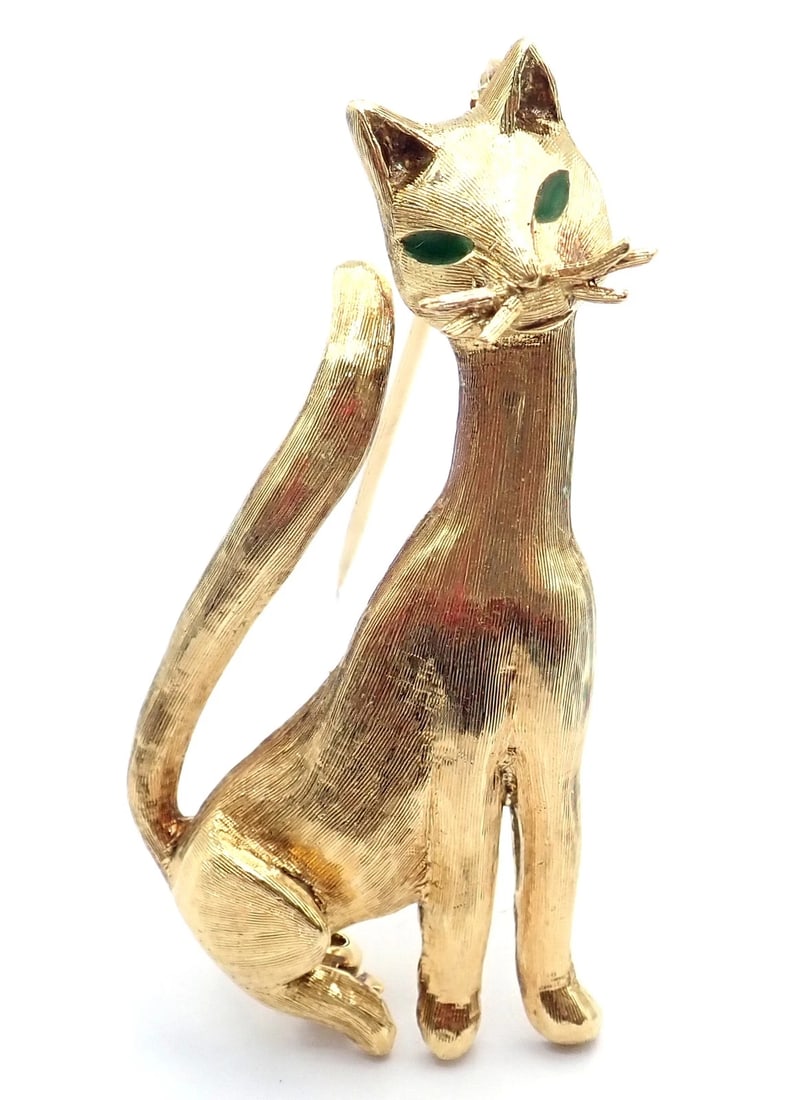 Authentic! Tiffany & Co 18k Yellow Gold Emerald Cat Pin Brooch - 11