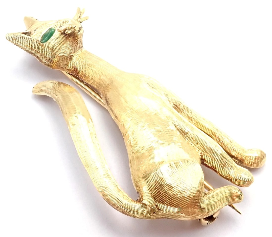 Authentic! Tiffany & Co 18k Yellow Gold Emerald Cat Pin Brooch - 12