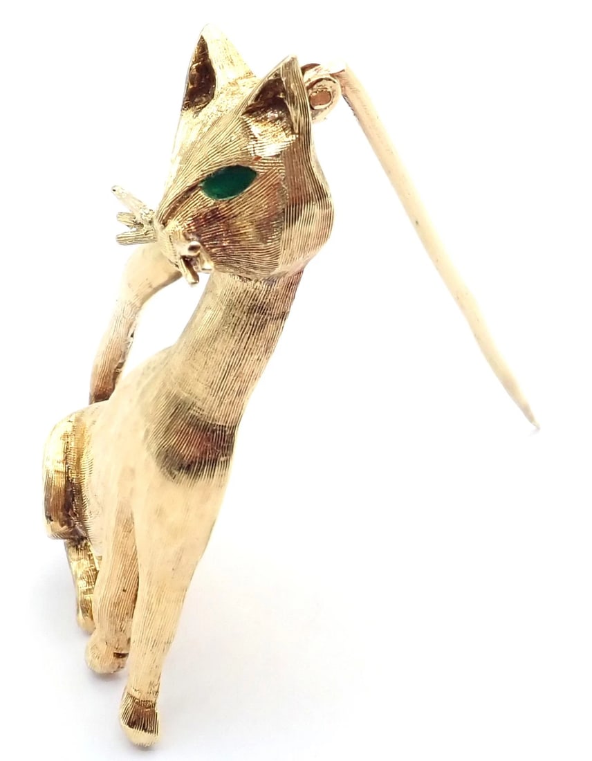 Authentic! Tiffany & Co 18k Yellow Gold Emerald Cat Pin Brooch - 3