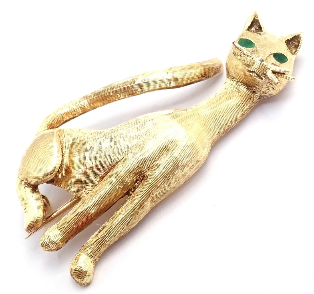 Authentic! Tiffany & Co 18k Yellow Gold Emerald Cat Pin Brooch - 7