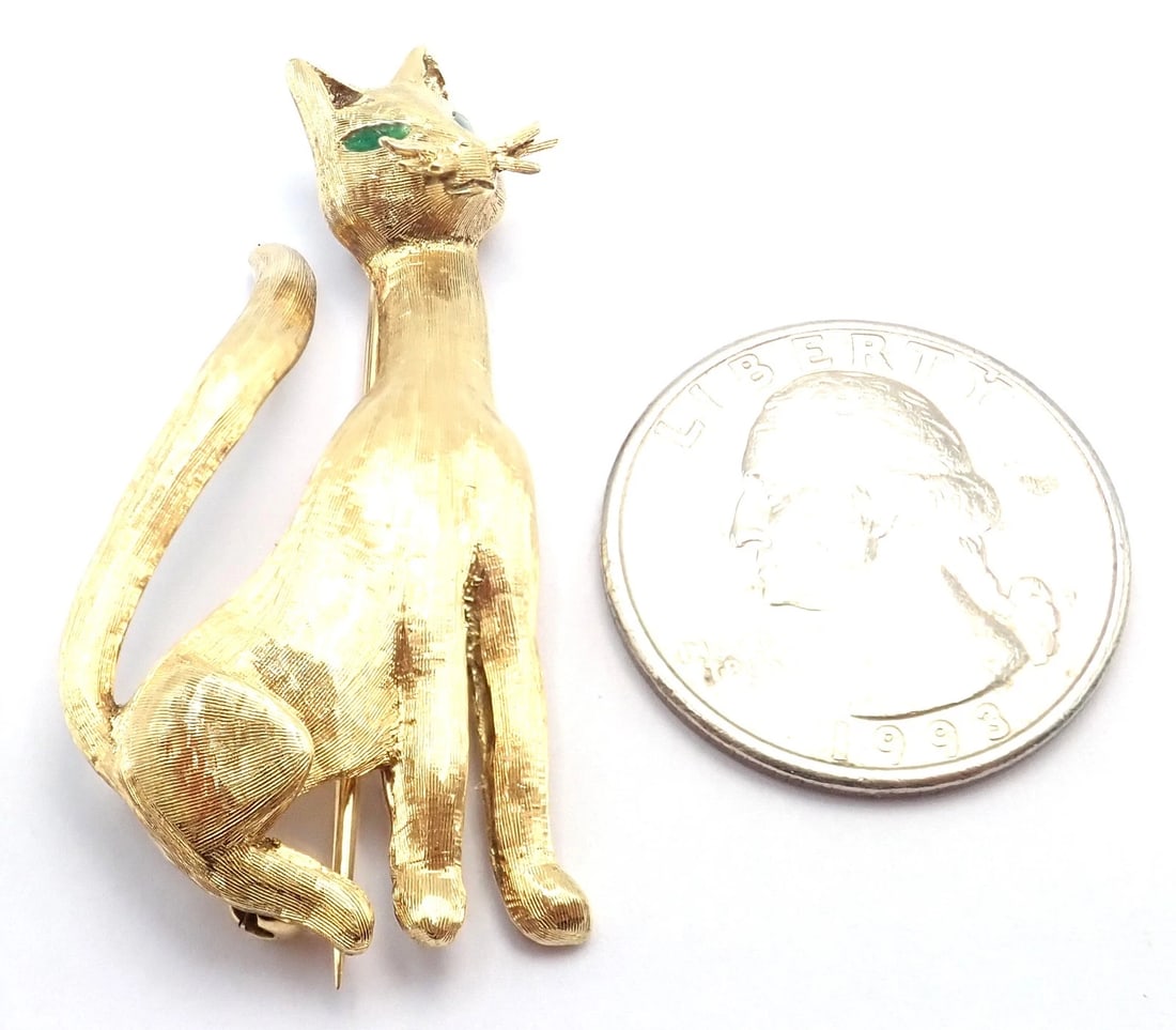 Authentic! Tiffany & Co 18k Yellow Gold Emerald Cat Pin Brooch - 8