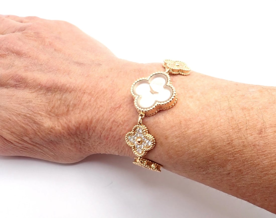 Authentic! Van Cleef & Arpels Vintage Diamond MOP Sweet Alhambra 18k Gold Watch - 5
