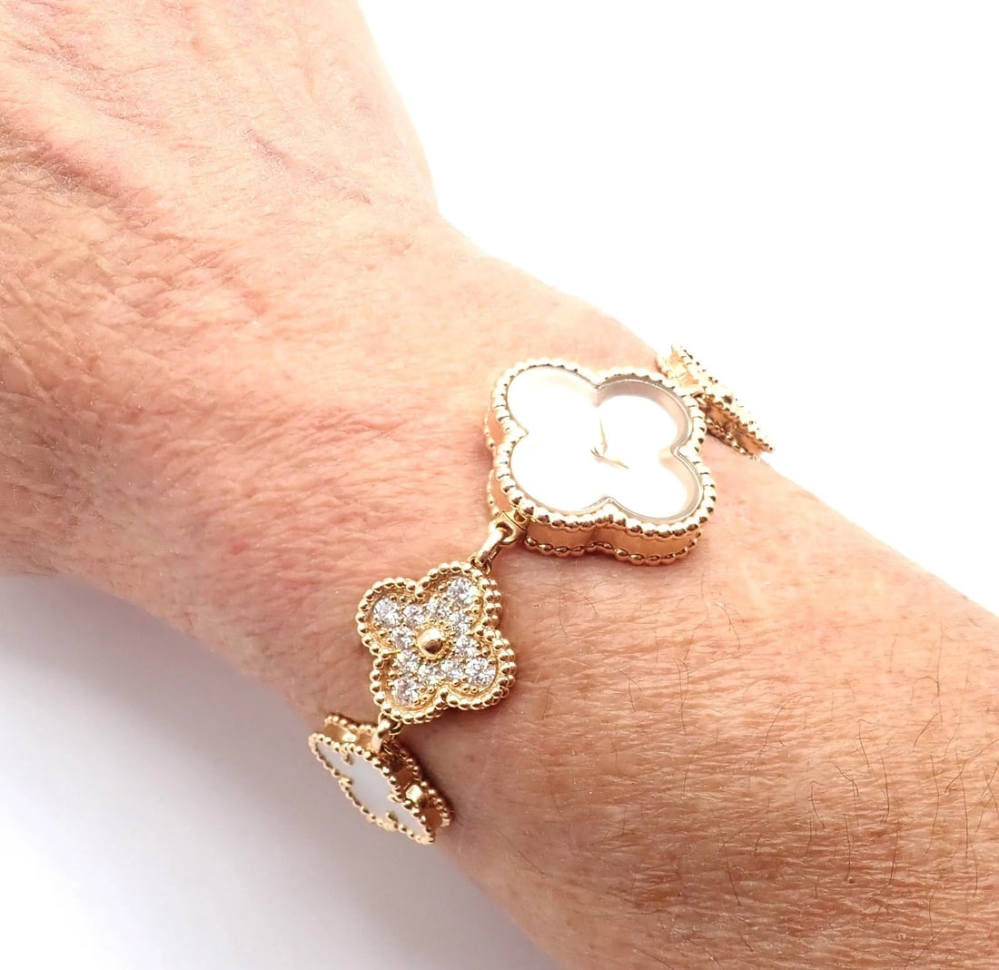 Authentic! Van Cleef & Arpels Vintage Diamond MOP Sweet Alhambra 18k Gold Watch - 6