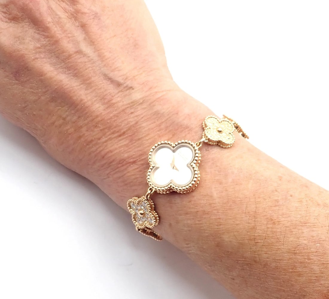 Authentic! Van Cleef & Arpels Vintage Diamond MOP Sweet Alhambra 18k Gold Watch - 8