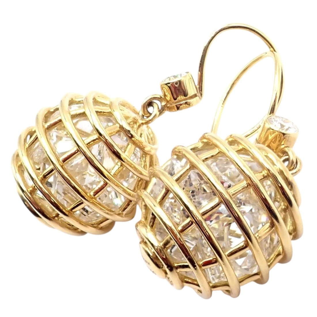 Authentic! Verdura 18k Yellow Gold Diamond Rock Crystal Caged Dropped Earrings: The stunning authentic Verdura drop earrings crafted in luxurious 18k yellow gold, featuring sparkling faceted rock crystal spheres elegantly enclosed within signature cage-style settings. Accented