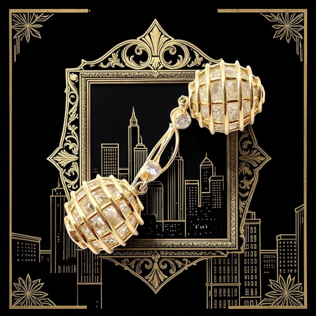 Authentic! Verdura 18k Yellow Gold Diamond Rock Crystal Caged Dropped Earrings - 2