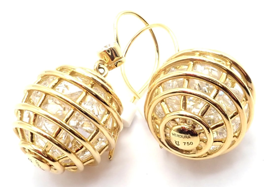 Authentic! Verdura 18k Yellow Gold Diamond Rock Crystal Caged Dropped Earrings - 5