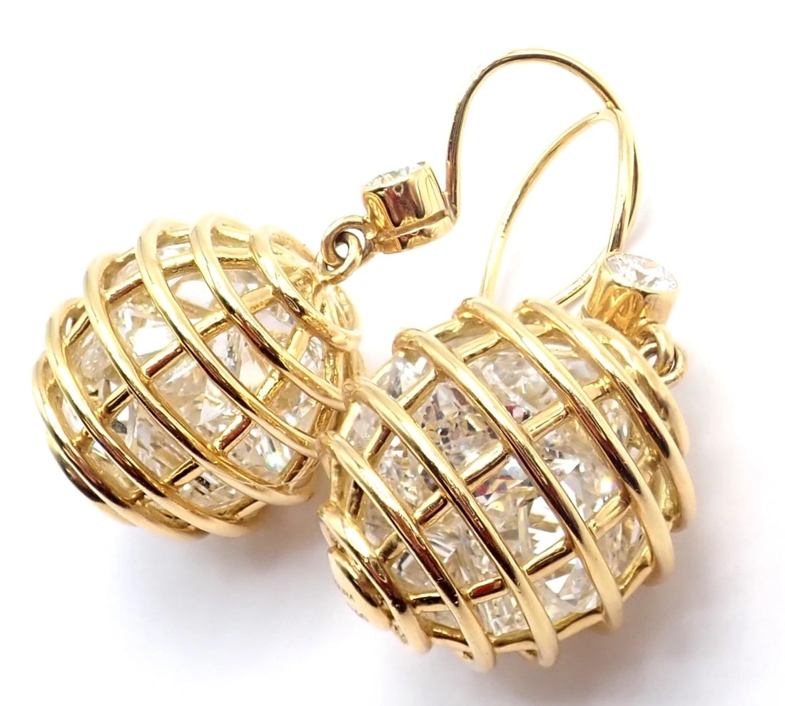 Authentic! Verdura 18k Yellow Gold Diamond Rock Crystal Caged Dropped Earrings - 6