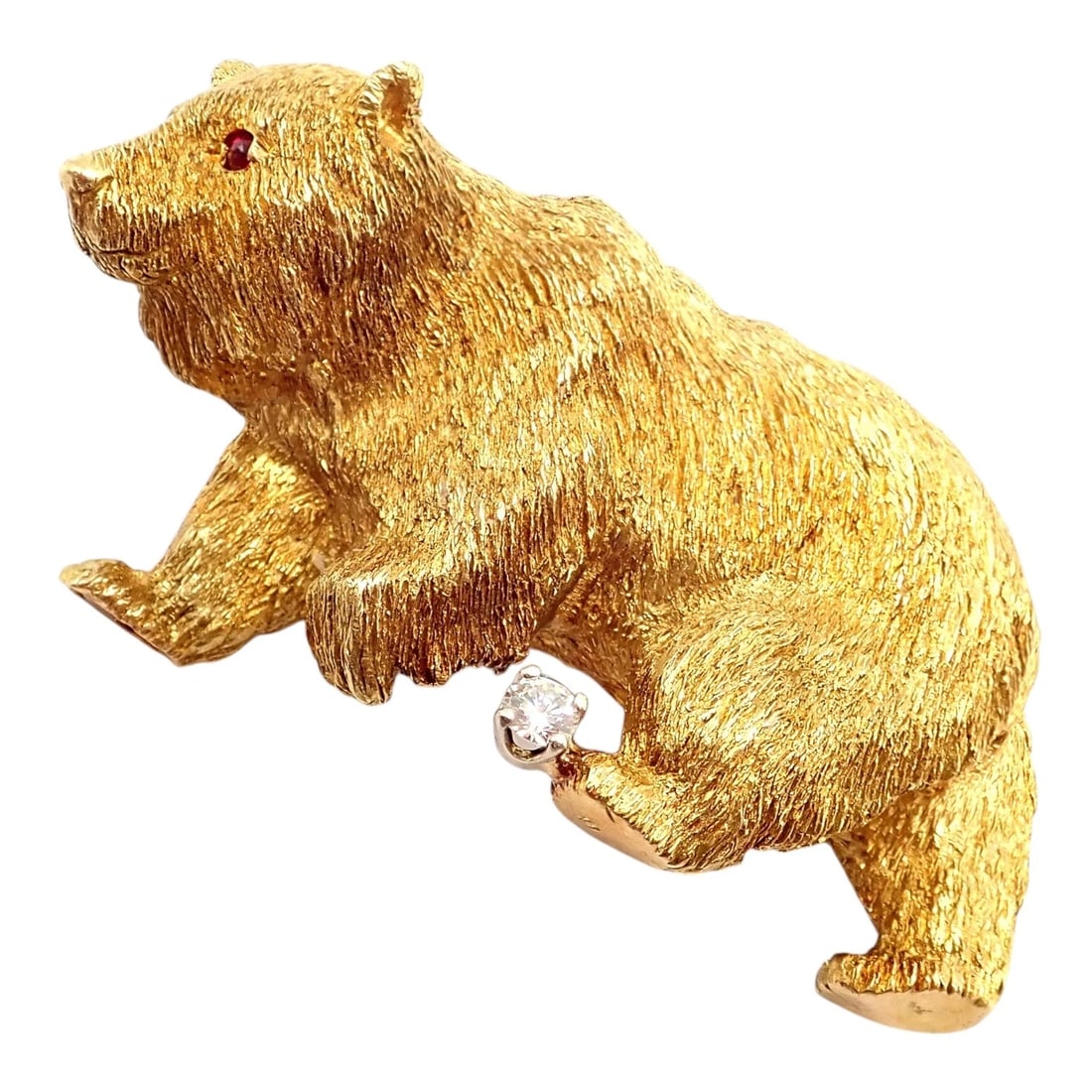 Vintage! Tiffany & Co. 18k Yellow Gold Diamond Ruby Bear Stock Market Pin Brooch: Vintage Tiffany & Co. 18k yellow gold bear stock market pin brooch featuring richly textured fur, vivid ruby eyes, and a brilliant diamond accent. This whimsical yet luxurious design symbolizes the