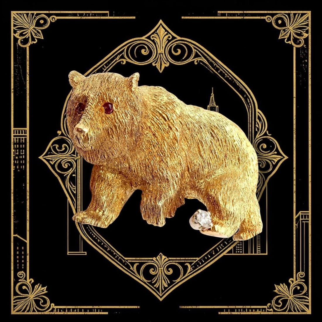 Vintage! Tiffany & Co. 18k Yellow Gold Diamond Ruby Bear Stock Market Pin Brooch - 2