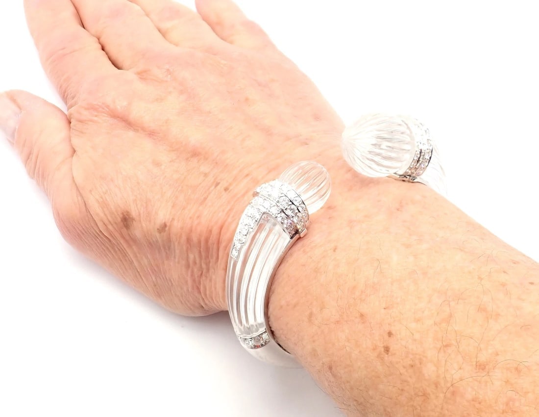 Authentic! David Webb 18k Gold & Platinum Diamond Rock Crystal Bangle Bracelet - 10
