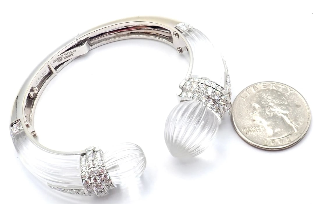 Authentic! David Webb 18k Gold & Platinum Diamond Rock Crystal Bangle Bracelet - 14