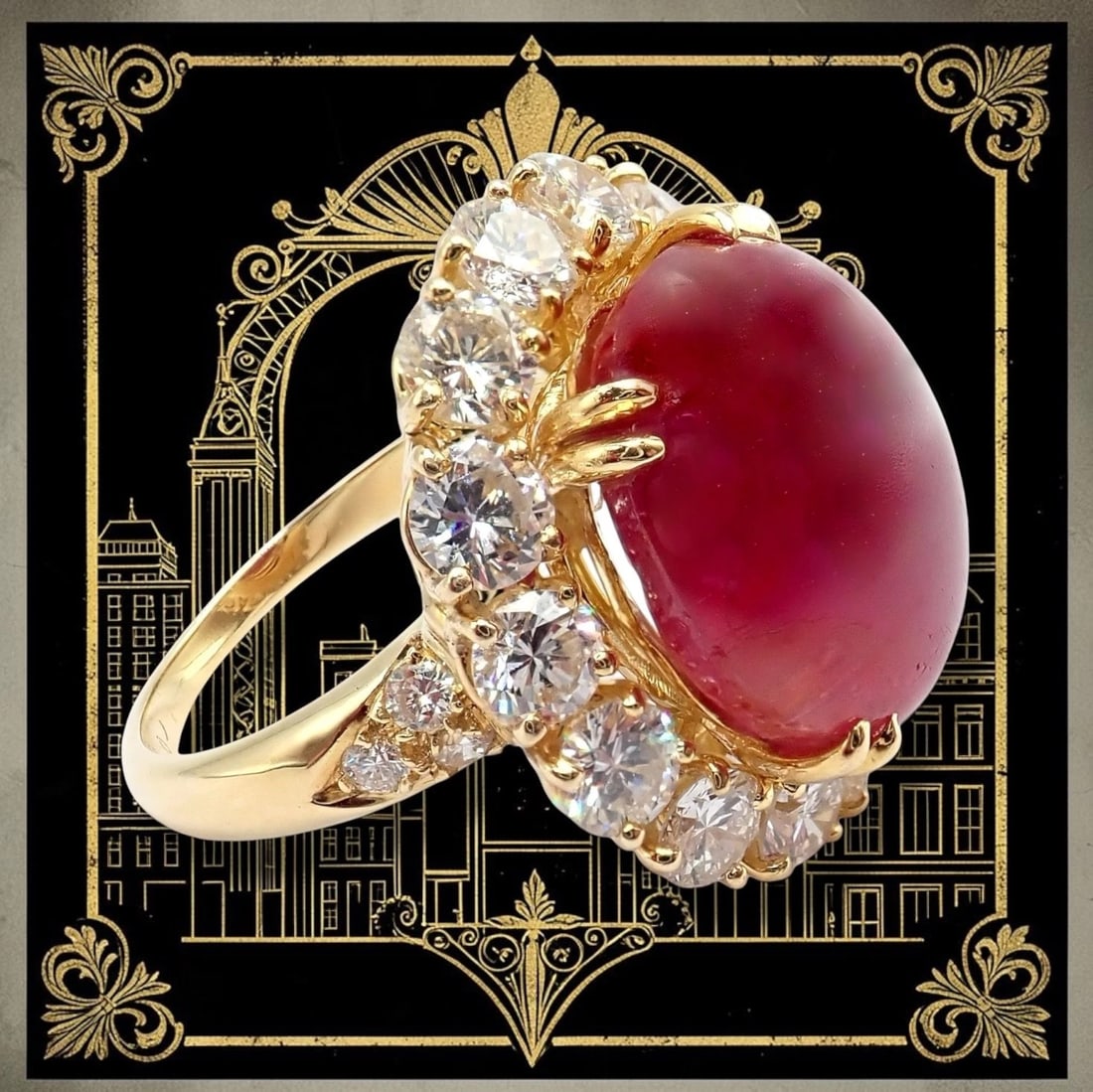 Van Cleef & Arpels 18k Gold Large Cabochon Burmese No Heat Ruby Diamond Ring GIA - 2