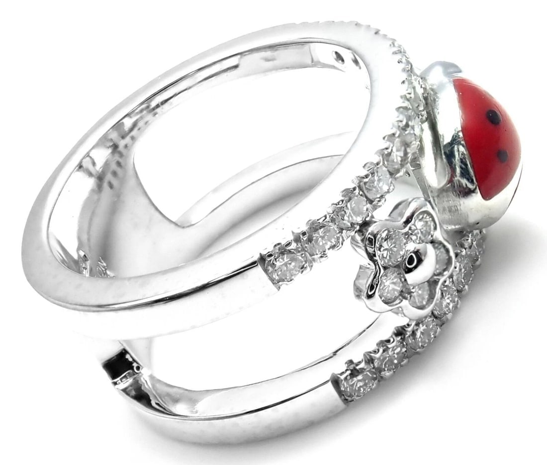 Authentic! Aaron Basha 18k White Gold Diamond Red Enamel Ladybug Band Ring - 3