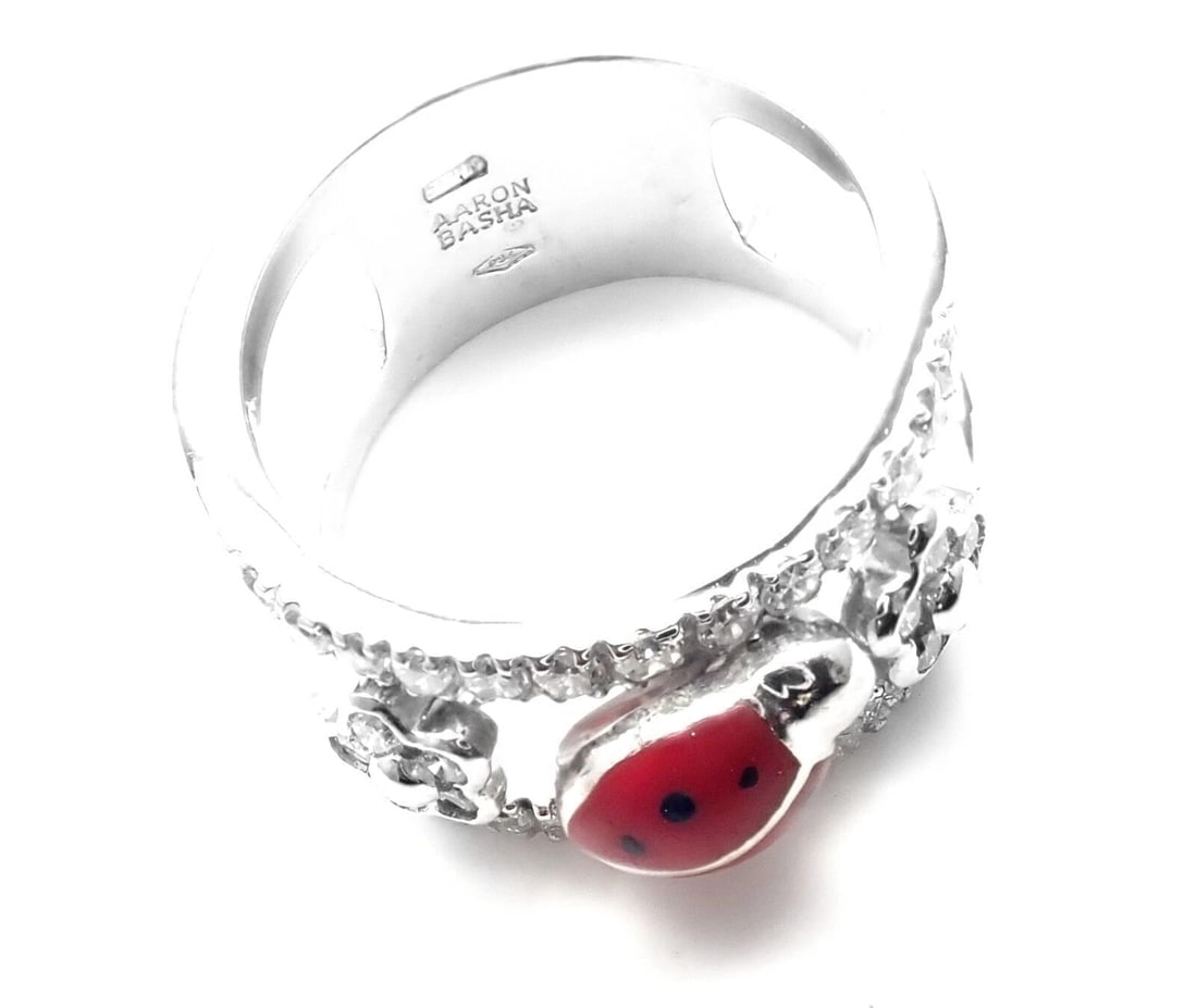 Authentic! Aaron Basha 18k White Gold Diamond Red Enamel Ladybug Band Ring - 7