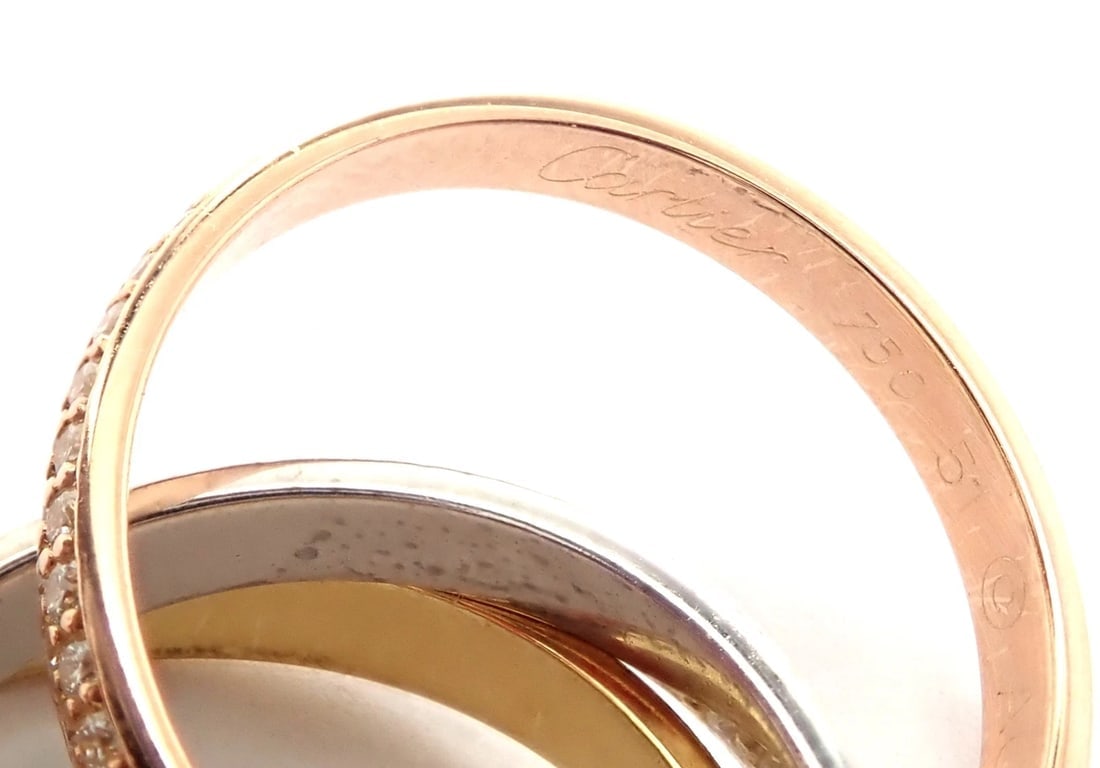 Authentic! Cartier Trinity 18k Gold Diamond Small Model Band Ring Size 51 Cert - 9