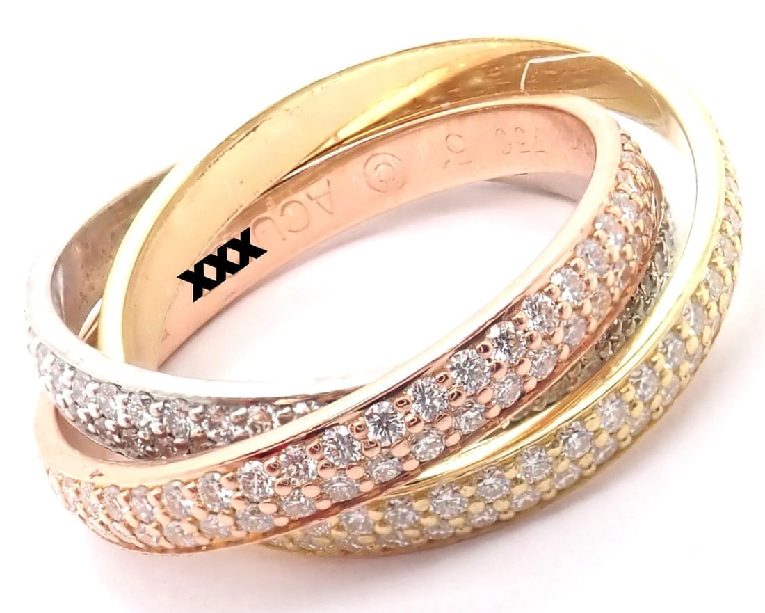 Authentic! Cartier Trinity 18k Gold Diamond Small Model Band Ring Size 51 Cert: Authentic! Cartier Trinity 18k Gold Diamond Small Model Band Ring Size 51 Cert About This Piece: Retail Price: $18,700 plus tax This ring comes with Cartier box and Cartier certificate of