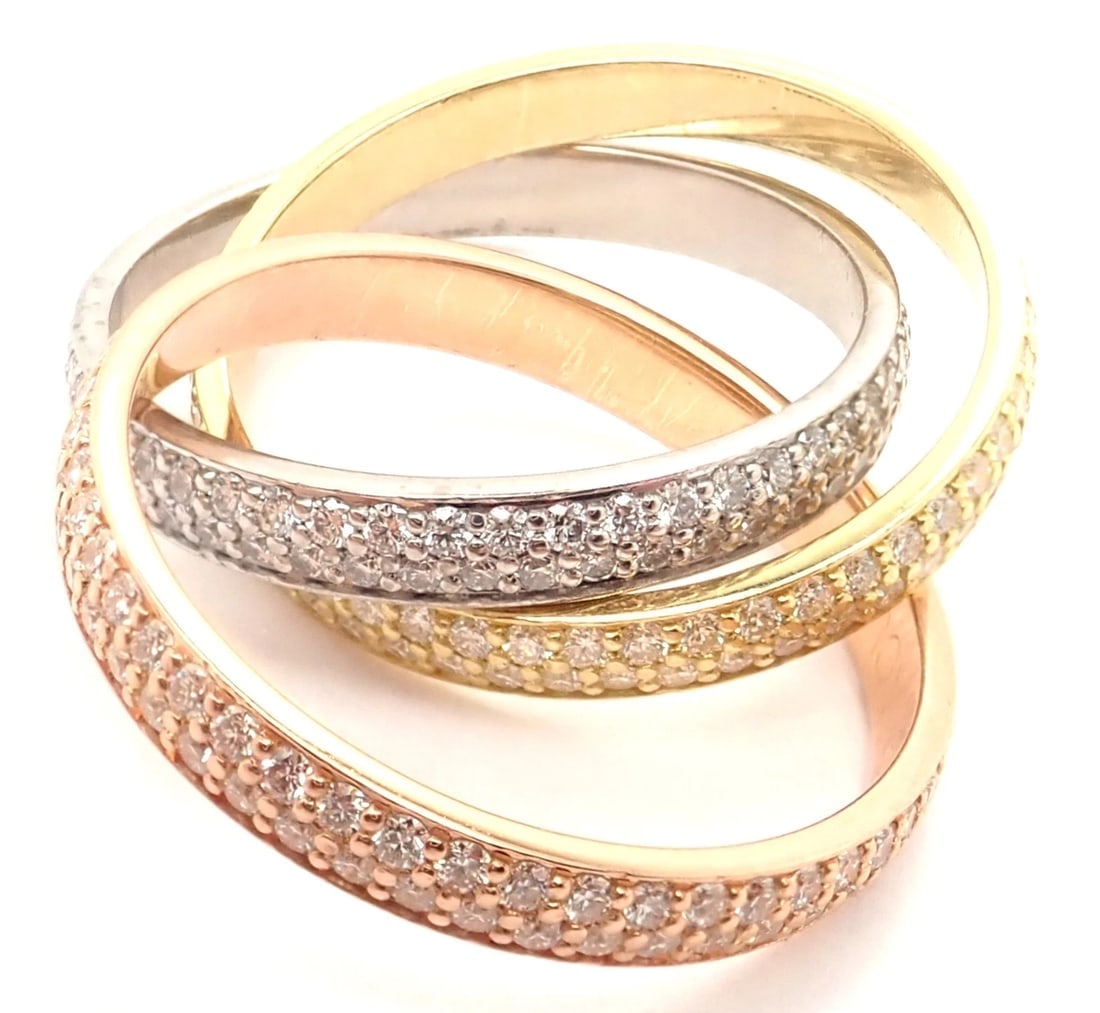 Authentic! Cartier Trinity 18k Gold Diamond Small Model Band Ring Size 51 Cert - 6