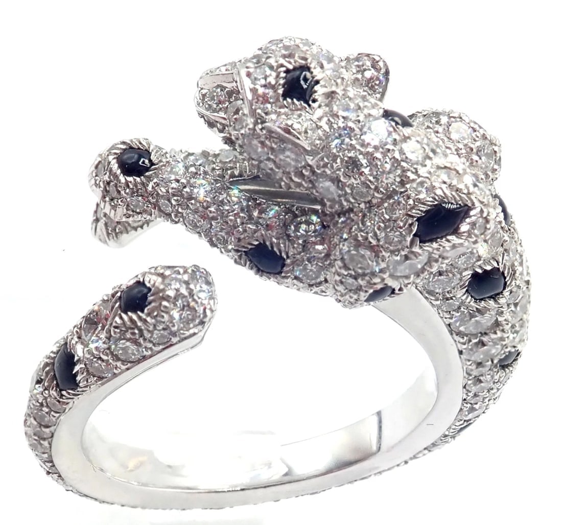 Authentic! Cartier Panther Panthere 18k White Gold Diamond Onyx Ring Paper - 9