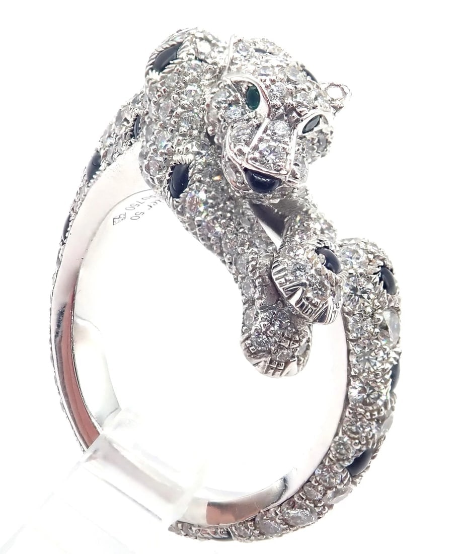 Authentic! Cartier Panther Panthere 18k White Gold Diamond Onyx Ring Paper - 8