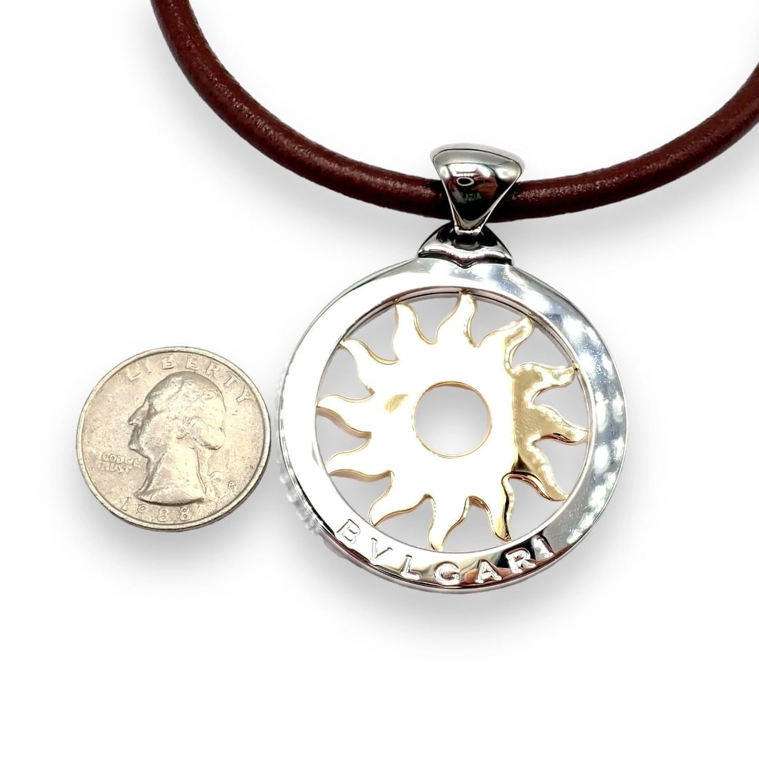 Bulgari Tondo Sun 18k Gold Steel Extra Large Pendant Brown Leather Necklace - 9