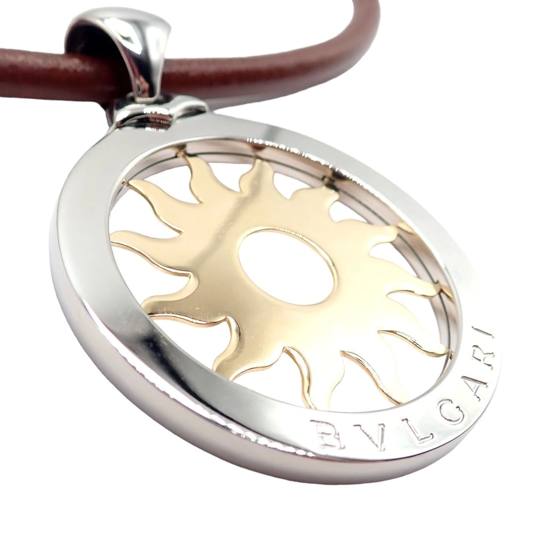 Bulgari Tondo Sun 18k Gold Steel Extra Large Pendant Brown Leather Necklace - 4