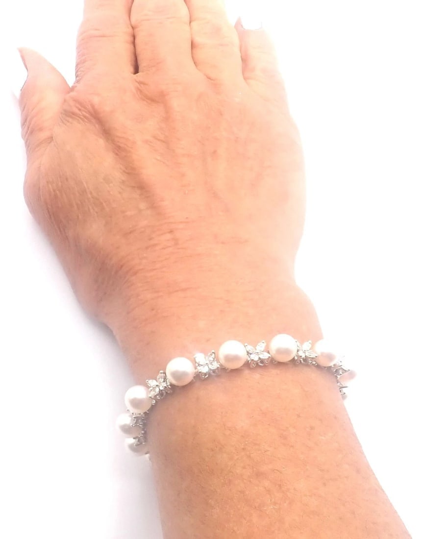 Tiffany & Co Victoria Platinum Diamond Akoya Cultured Pearl Line Tennis Bracelet - 9