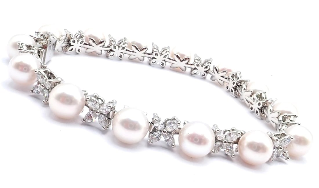 Tiffany & Co Victoria Platinum Diamond Akoya Cultured Pearl Line Tennis Bracelet - 4