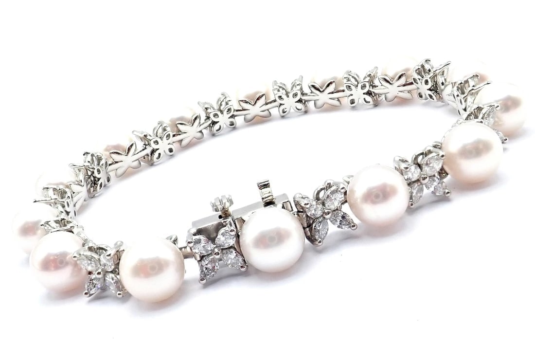 Tiffany & Co Victoria Platinum Diamond Akoya Cultured Pearl Line Tennis Bracelet - 5