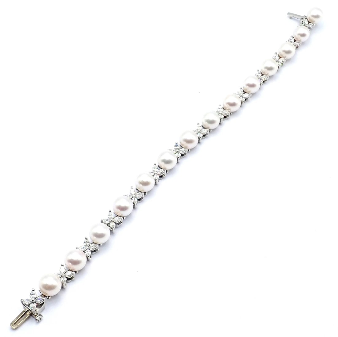 Tiffany & Co Victoria Platinum Diamond Akoya Cultured Pearl Line Tennis Bracelet - 8