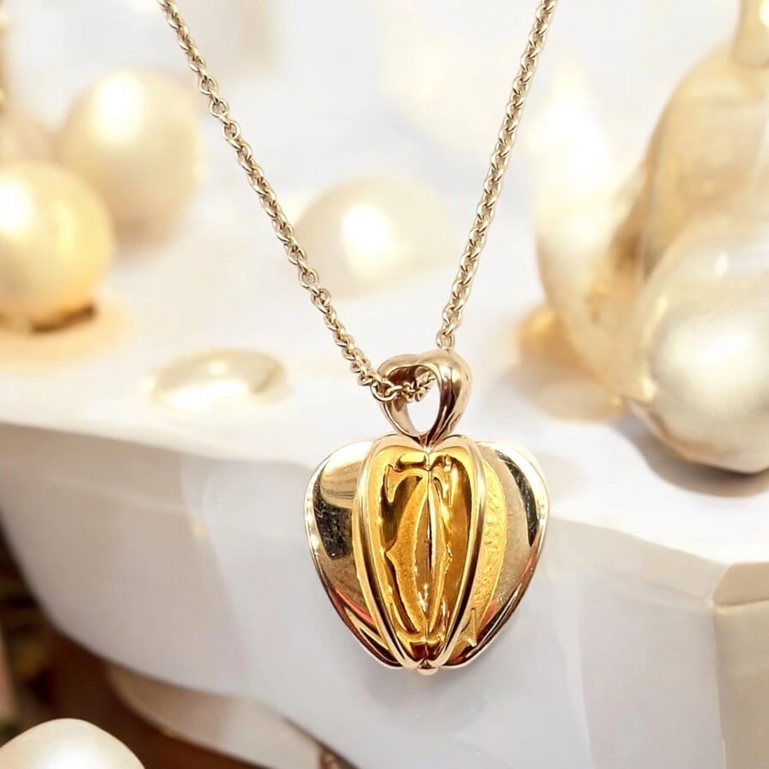 Rare! Cartier 18k Yellow Gold Double C 3D Apple Pendant Chain Necklace - 3