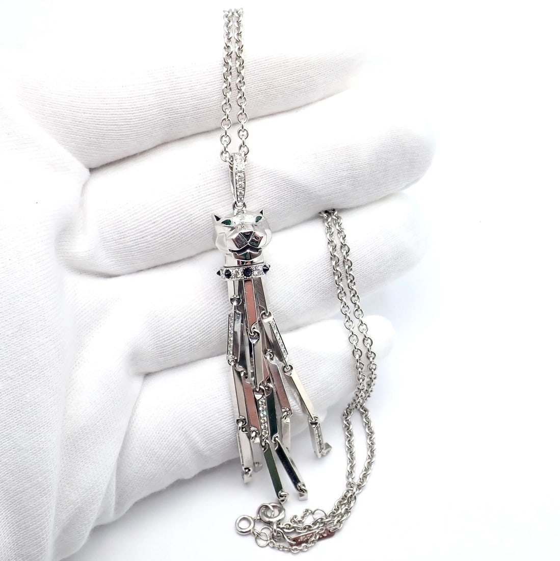 Panthere de Cartier Panther 18k White Gold Diamond Emerald Onyx Pendant Necklace - 9