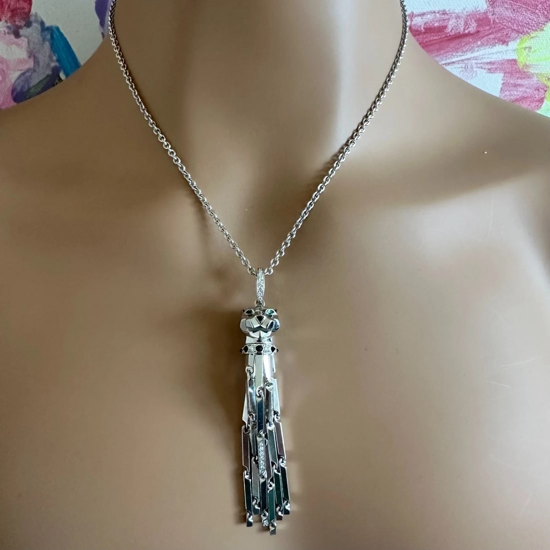 Panthere de Cartier Panther 18k White Gold Diamond Emerald Onyx Pendant Necklace - 7
