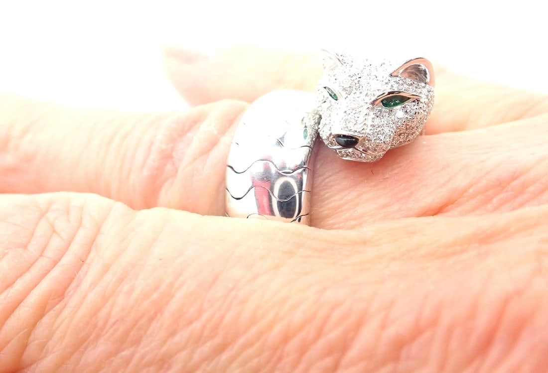 Authentic! Cartier Panther 18k White Gold Diamond Emerald Onyx Band Ring Cert. - 11