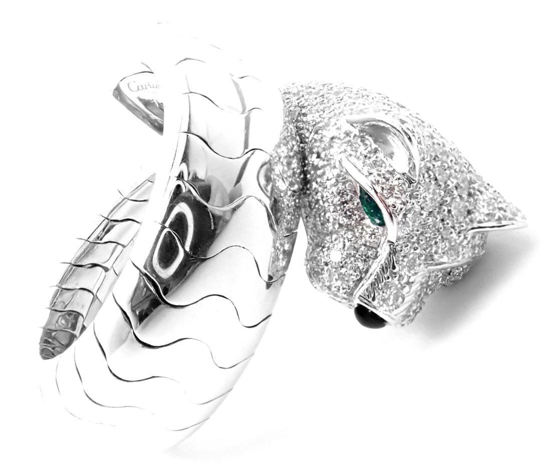 Authentic! Cartier Panther 18k White Gold Diamond Emerald Onyx Band Ring Cert. - 8
