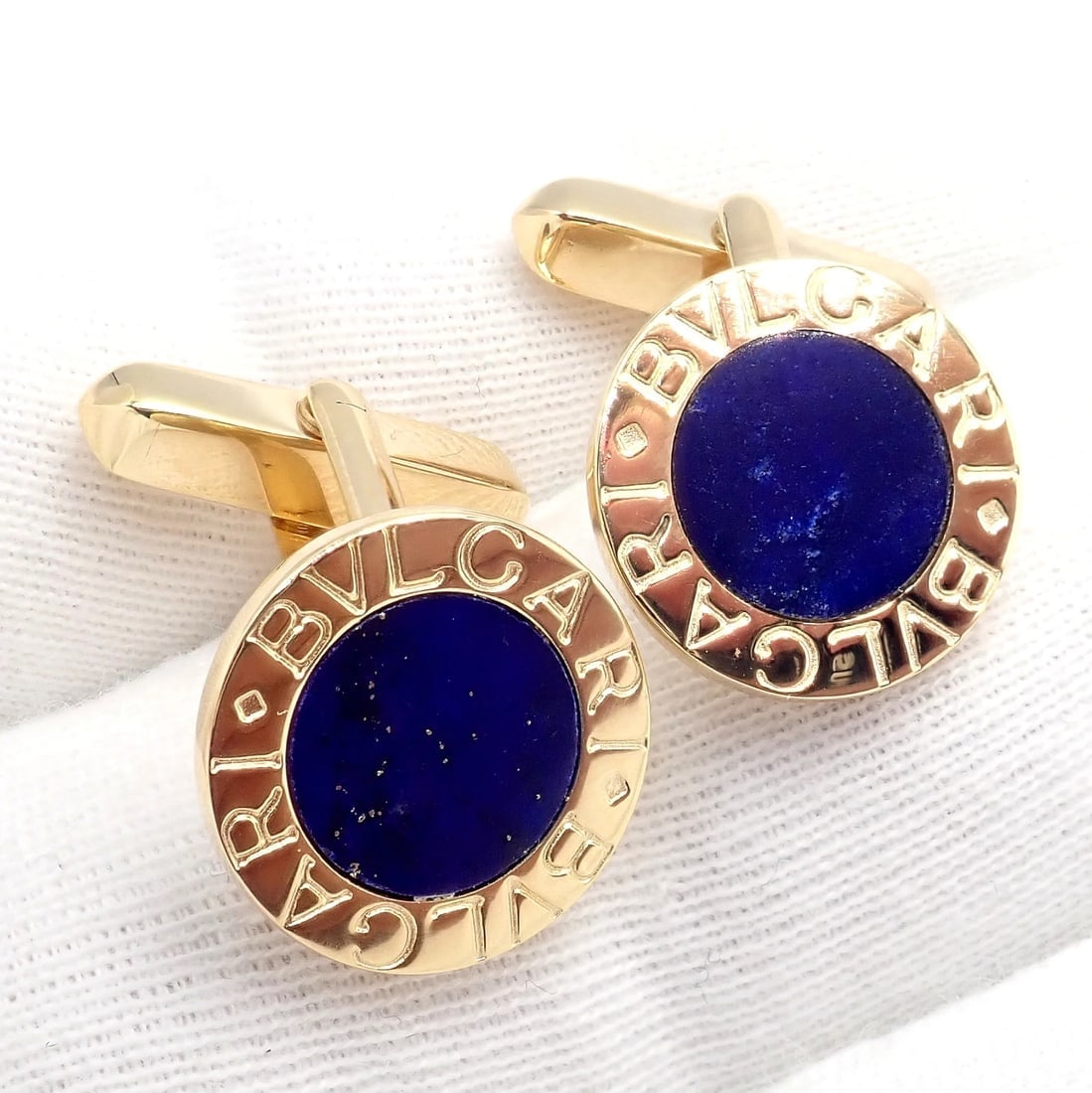 Authentic! Bvlgari Bulgari 18k Yellow Gold Lapis Lazuli Cufflinks - 9