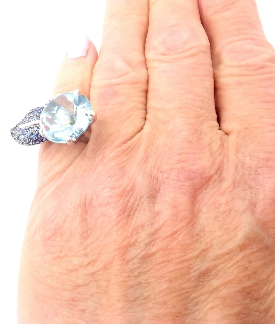 Authentic! Chanel Camellia Flower 18k White Gold Aquamarine Sapphire Ring - 9