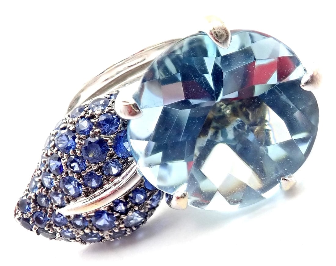 Authentic! Chanel Camellia Flower 18k White Gold Aquamarine Sapphire Ring - 10