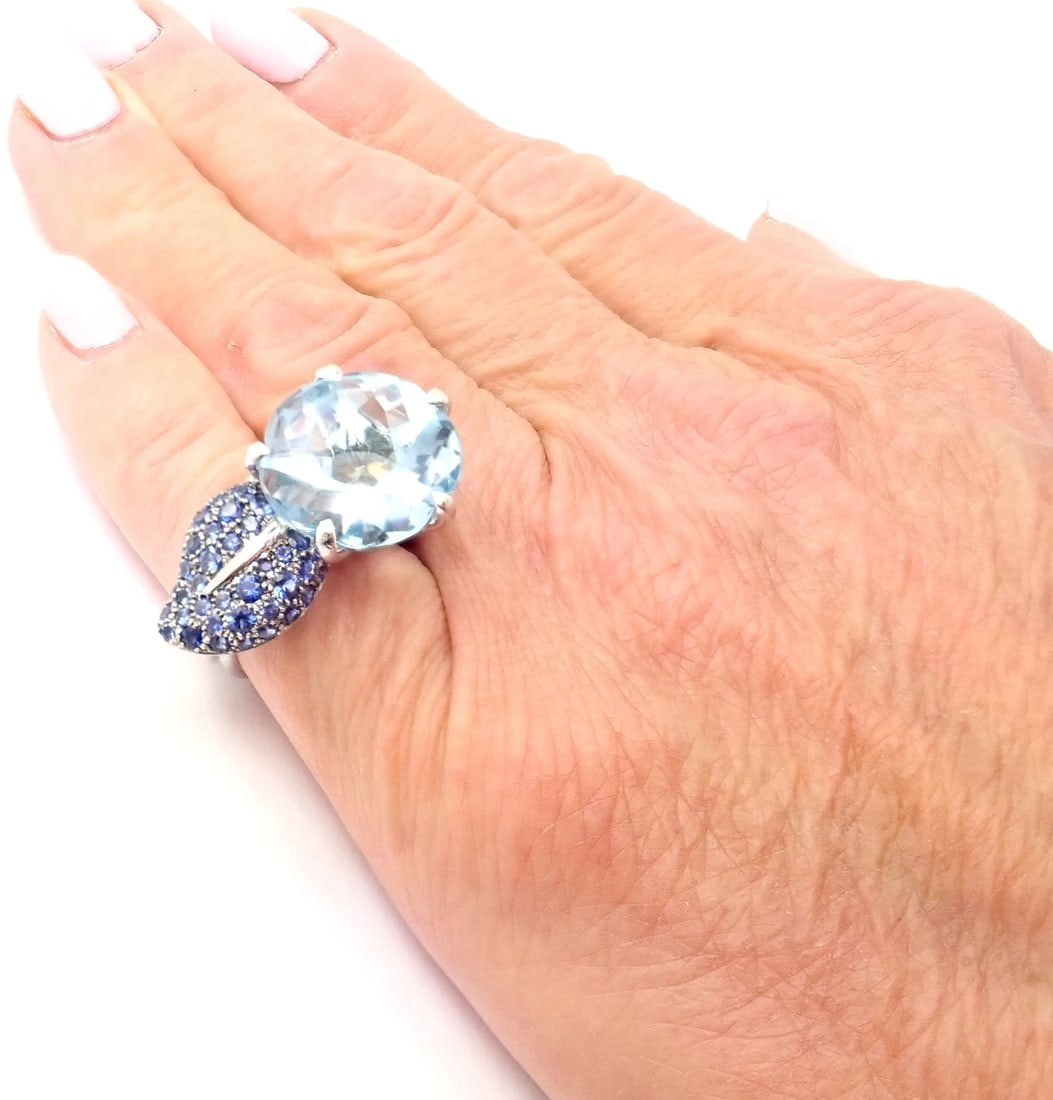 Authentic! Chanel Camellia Flower 18k White Gold Aquamarine Sapphire Ring - 11